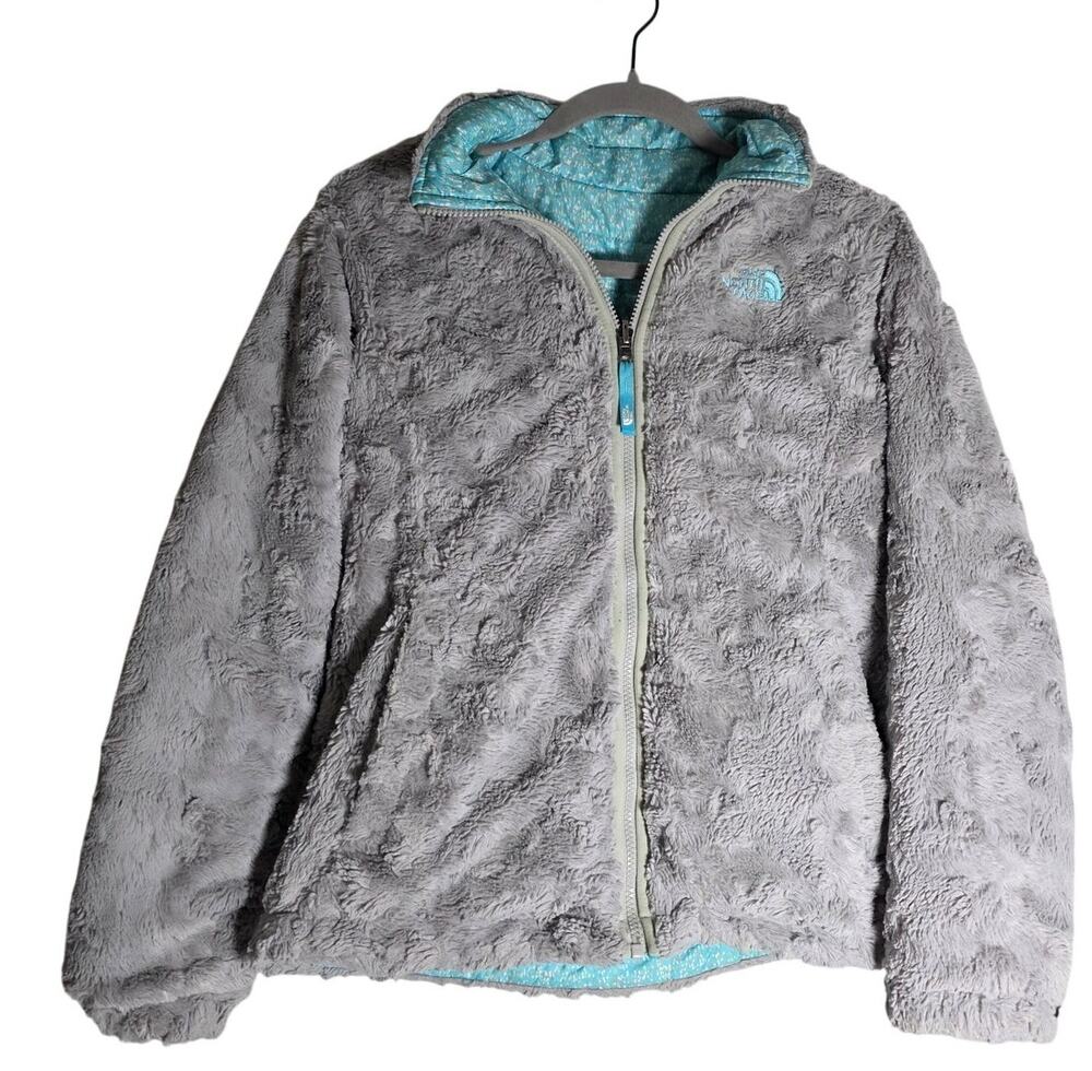 Girls Large North Face Reversible Mossbud Swirl Blue Jacket Y2K Cozy Fleece Coat